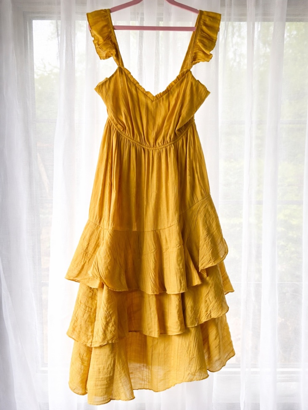 Max + Ash Mustard Yellow Tiered Ruffle Dress Boho Flowy Sundress XL